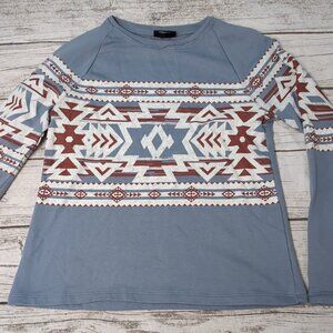 Wrangle Southwestern Aztec Print Blue Crewneck Lightweight Sweater Women